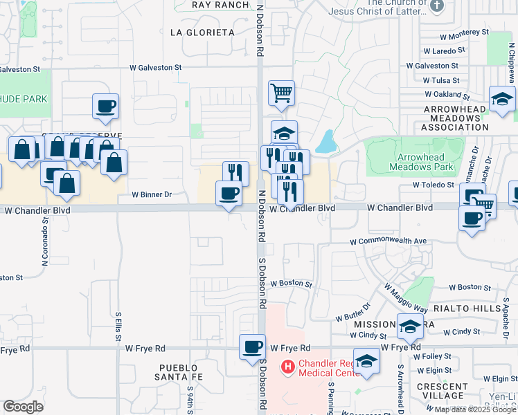 map of restaurants, bars, coffee shops, grocery stores, and more near 1990 West Chandler Boulevard in Chandler
