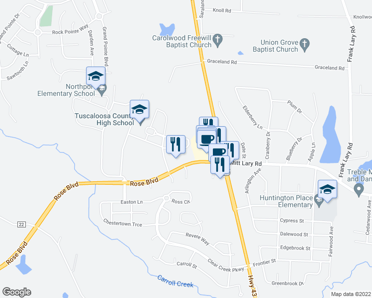 map of restaurants, bars, coffee shops, grocery stores, and more near 12358 Huntington Village Drive in Northport