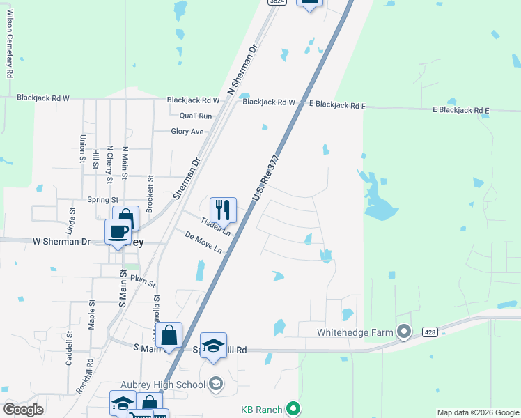 map of restaurants, bars, coffee shops, grocery stores, and more near 111 U.S. 377 in Aubrey