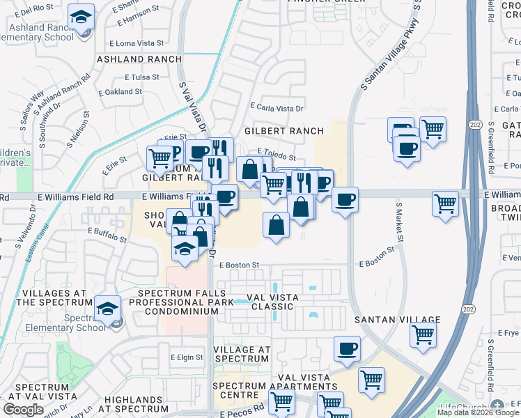 map of restaurants, bars, coffee shops, grocery stores, and more near 15317-15359 E Williams Field Rd in Gilbert