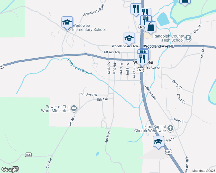 map of restaurants, bars, coffee shops, grocery stores, and more near 322 5th Street West in Wedowee