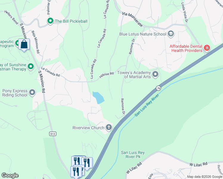 map of restaurants, bars, coffee shops, grocery stores, and more near 4462 Fallsbrae Road in Fallbrook