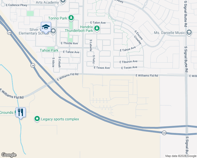 map of restaurants, bars, coffee shops, grocery stores, and more near 10141 East Williams Field Road in Mesa