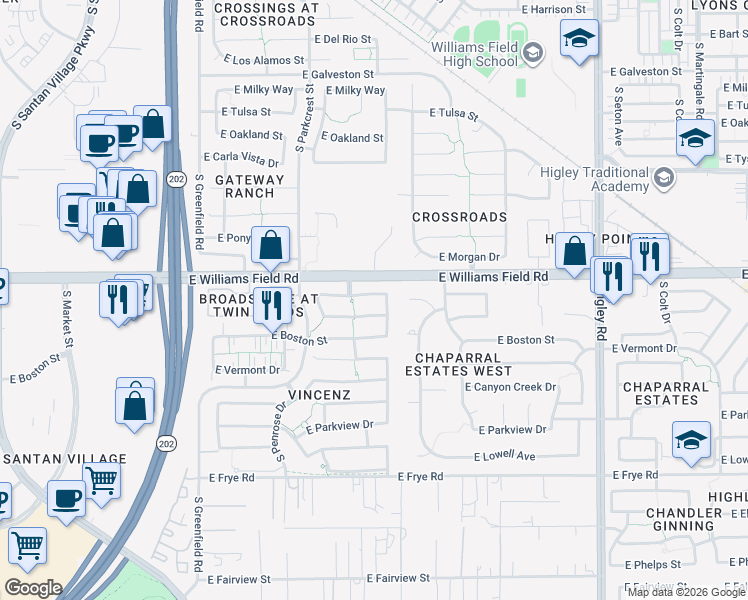 map of restaurants, bars, coffee shops, grocery stores, and more near 2755 East Clifton Avenue in Gilbert