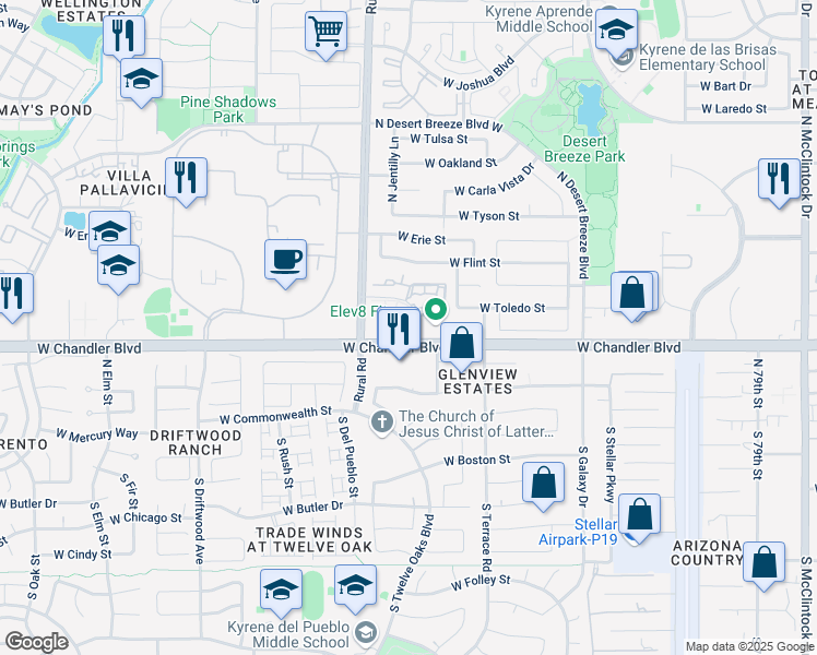 map of restaurants, bars, coffee shops, grocery stores, and more near 4860 West Chandler Boulevard in Chandler