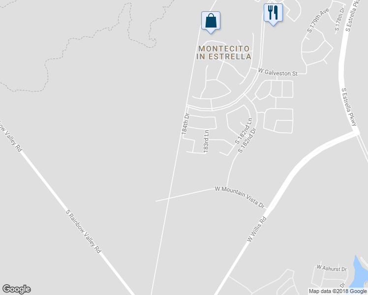 map of restaurants, bars, coffee shops, grocery stores, and more near 18450 West Verbena Drive in Goodyear