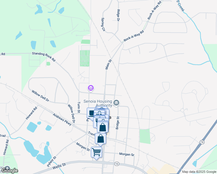 map of restaurants, bars, coffee shops, grocery stores, and more near 223 Main Street in Senoia
