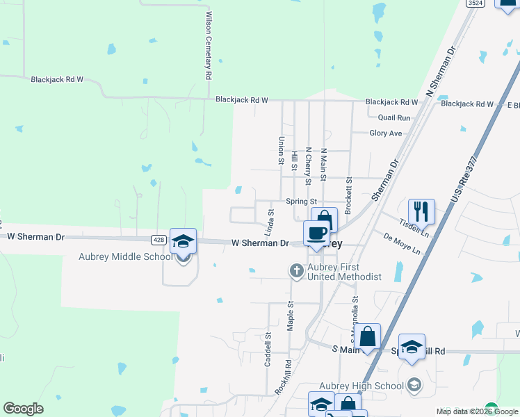 map of restaurants, bars, coffee shops, grocery stores, and more near 214 D Lynne Street in Aubrey