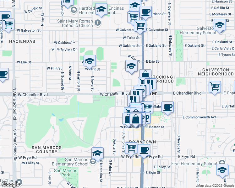 map of restaurants, bars, coffee shops, grocery stores, and more near 271 West Chandler Boulevard in Chandler