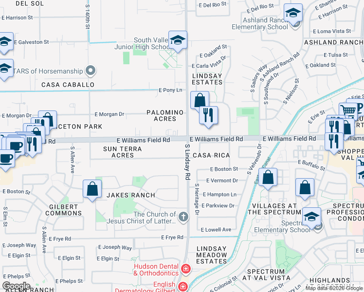 map of restaurants, bars, coffee shops, grocery stores, and more near 14323 East Williams Field Road in Gilbert