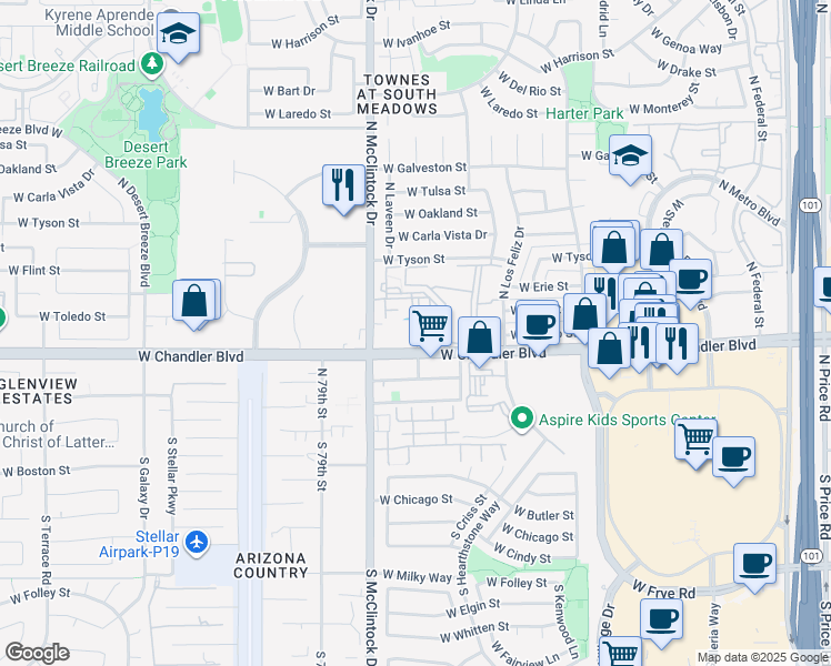 map of restaurants, bars, coffee shops, grocery stores, and more near 3950 West Chandler Boulevard in Chandler