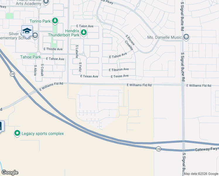map of restaurants, bars, coffee shops, grocery stores, and more near Williams Field Road in Mesa