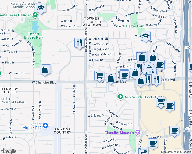 map of restaurants, bars, coffee shops, grocery stores, and more near 3950 West Chandler Boulevard in Chandler