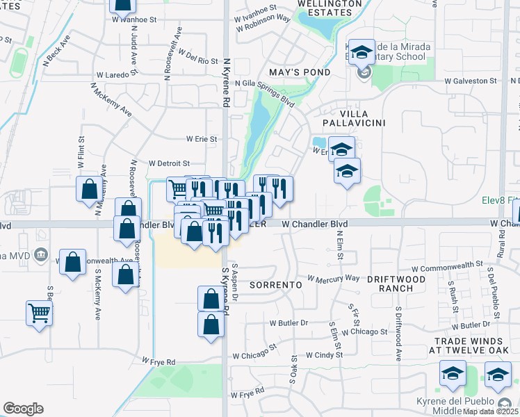 map of restaurants, bars, coffee shops, grocery stores, and more near 5858 West Chandler Boulevard in Chandler