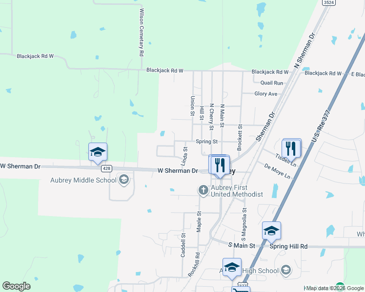 map of restaurants, bars, coffee shops, grocery stores, and more near 214 D Lynne Street in Aubrey