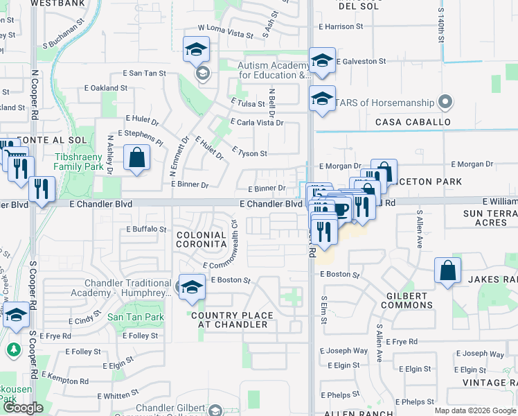 map of restaurants, bars, coffee shops, grocery stores, and more near 13433 East Chandler Boulevard in Chandler
