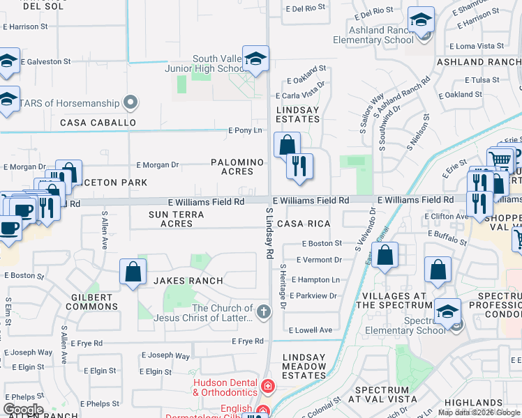map of restaurants, bars, coffee shops, grocery stores, and more near 14323 East Williams Field Road in Gilbert