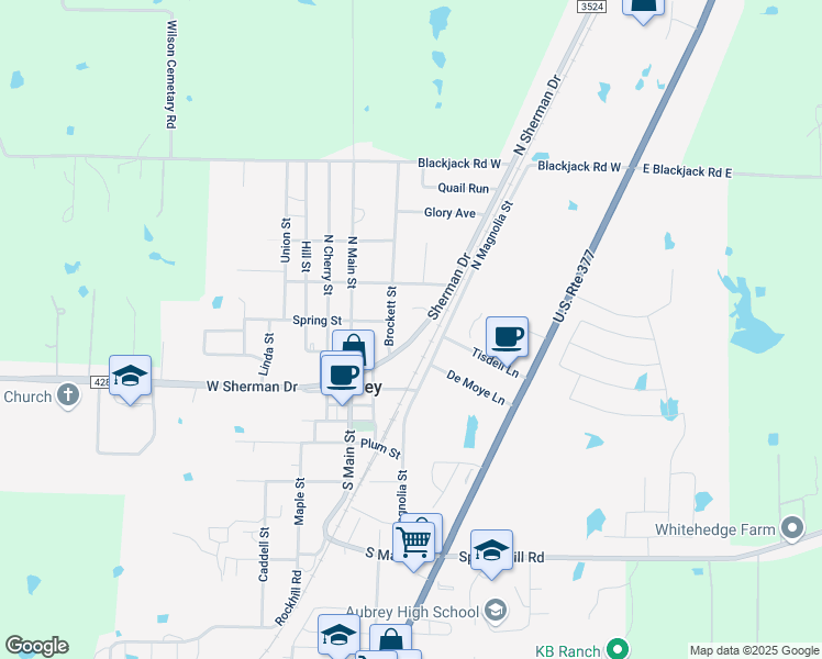 map of restaurants, bars, coffee shops, grocery stores, and more near 305 Sherman Drive in Aubrey