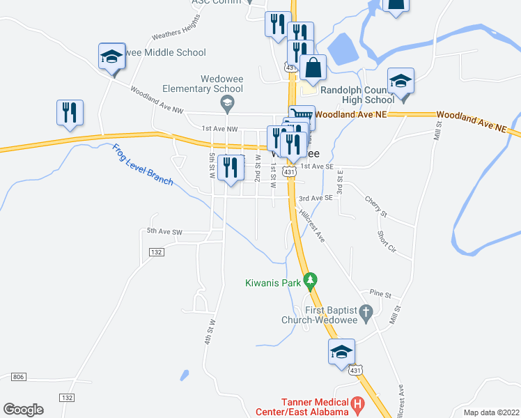 map of restaurants, bars, coffee shops, grocery stores, and more near 317 2nd Street West in Wedowee
