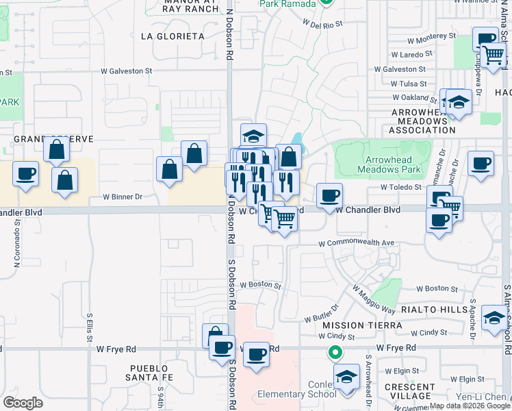 map of restaurants, bars, coffee shops, grocery stores, and more near 1882 West Chandler Boulevard in Chandler