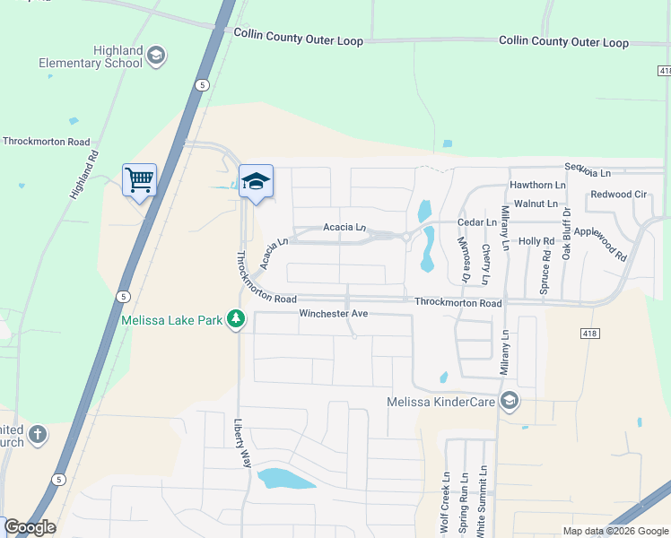 map of restaurants, bars, coffee shops, grocery stores, and more near 2828 Ash Avenue in Melissa