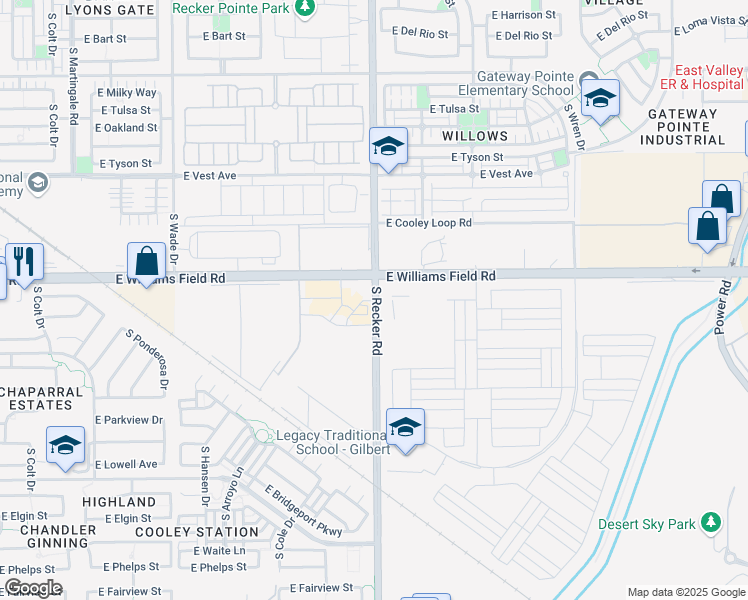 map of restaurants, bars, coffee shops, grocery stores, and more near 15768 South Recker Road in Gilbert