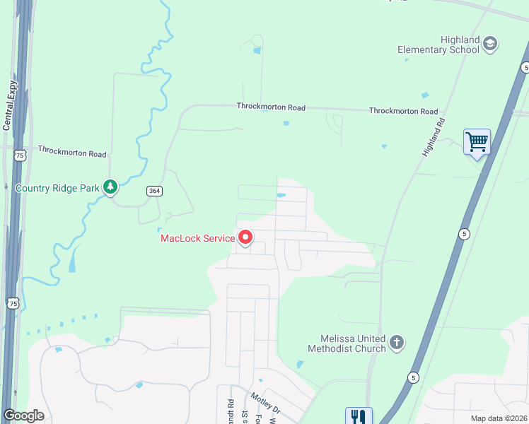 map of restaurants, bars, coffee shops, grocery stores, and more near 7359 County Road 365 in Melissa