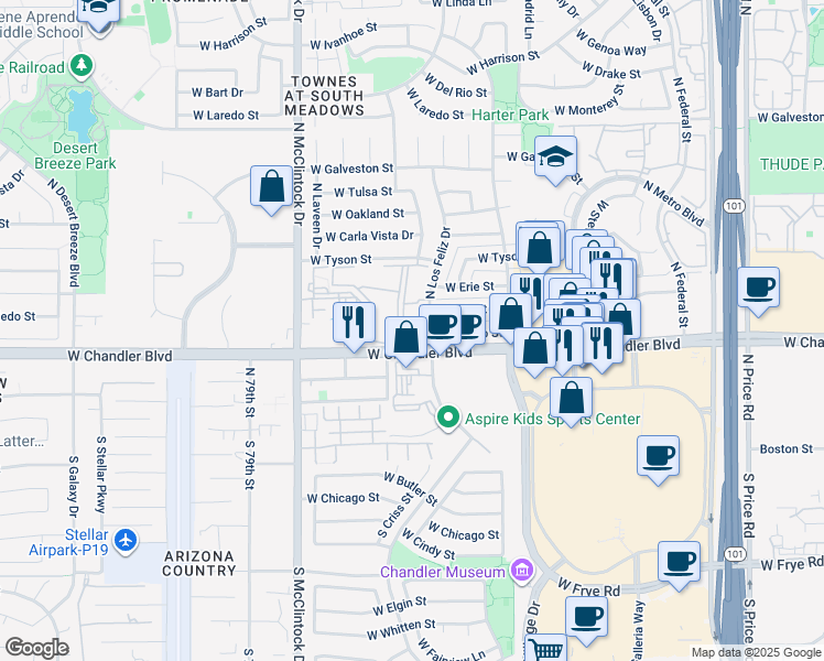 map of restaurants, bars, coffee shops, grocery stores, and more near 3800 West Chandler Boulevard in Chandler