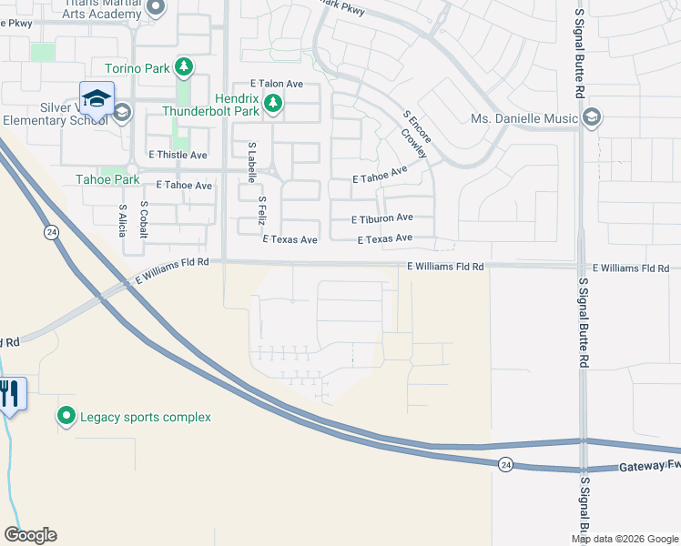 map of restaurants, bars, coffee shops, grocery stores, and more near Williams Field Road in Mesa