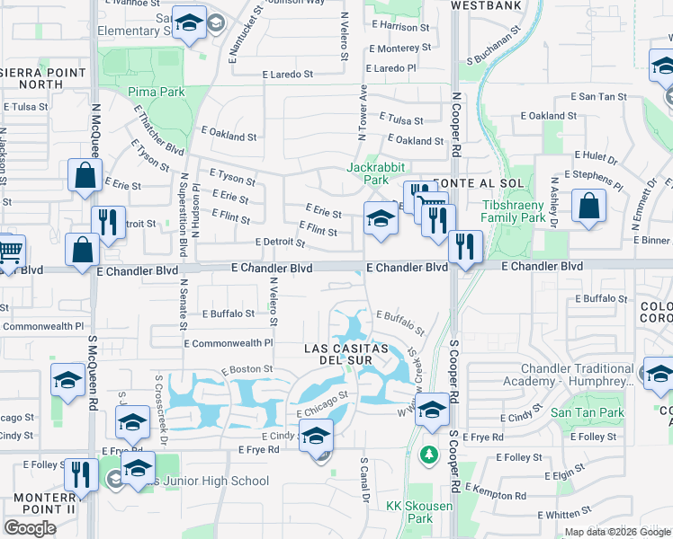 map of restaurants, bars, coffee shops, grocery stores, and more near 150 South Lakeview Boulevard in Chandler