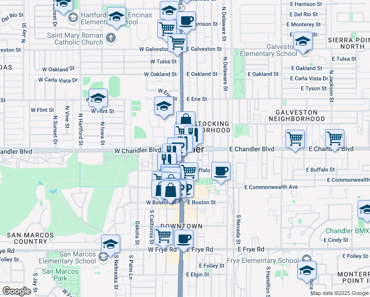 map of restaurants, bars, coffee shops, grocery stores, and more near in Chandler