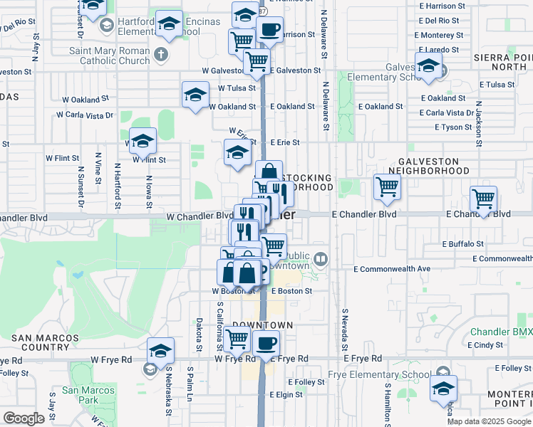 map of restaurants, bars, coffee shops, grocery stores, and more near in Chandler