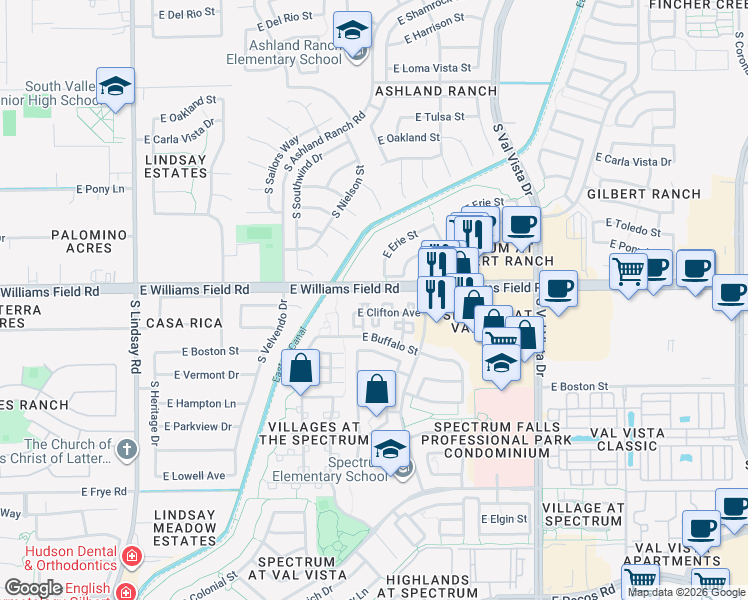 map of restaurants, bars, coffee shops, grocery stores, and more near 1300 East Clifton Avenue in Gilbert