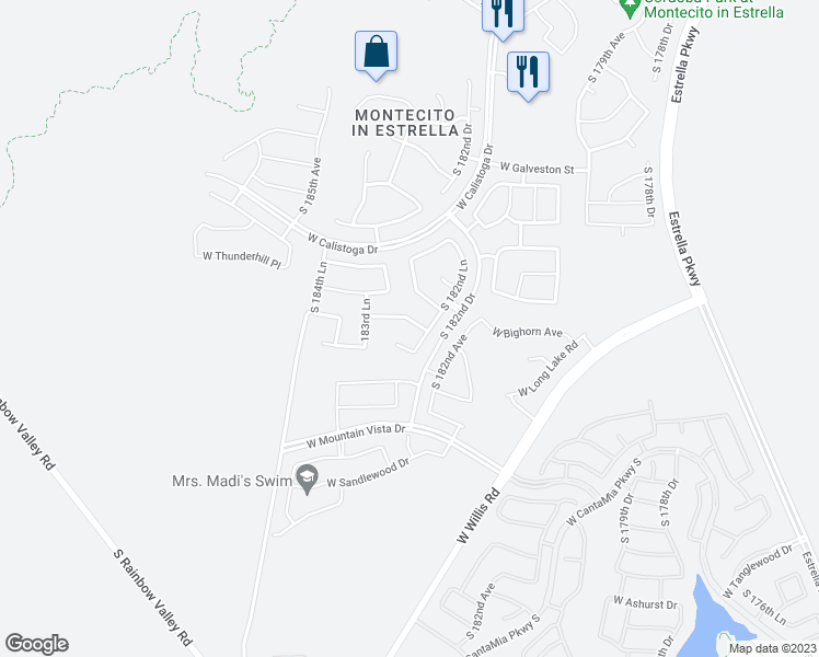 map of restaurants, bars, coffee shops, grocery stores, and more near 18328 West Verbena Drive in Goodyear