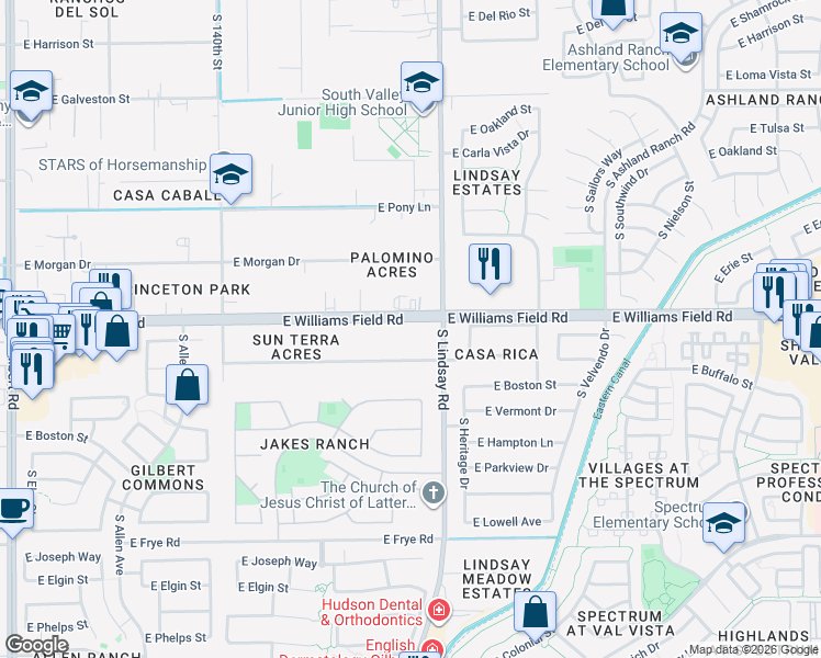 map of restaurants, bars, coffee shops, grocery stores, and more near 14323 East Williams Field Road in Gilbert