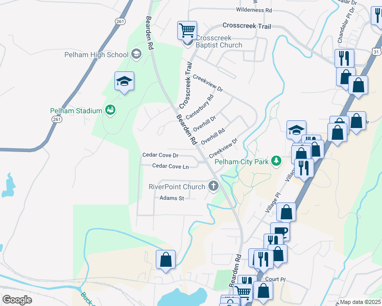 map of restaurants, bars, coffee shops, grocery stores, and more near 104 Cedar Cove Drive in Pelham