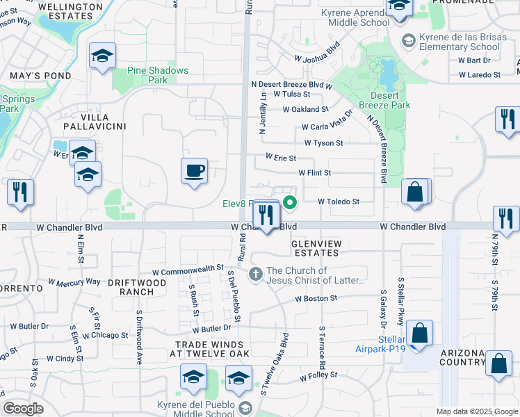 map of restaurants, bars, coffee shops, grocery stores, and more near 4860 West Chandler Boulevard in Chandler
