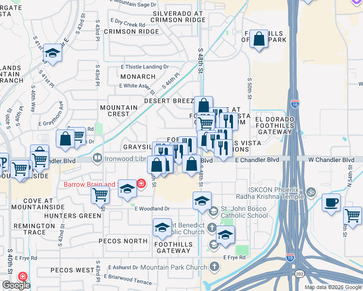 map of restaurants, bars, coffee shops, grocery stores, and more near 15453 South 47th Place in Phoenix