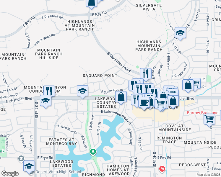 map of restaurants, bars, coffee shops, grocery stores, and more near 3806 East South Fork Drive in Phoenix