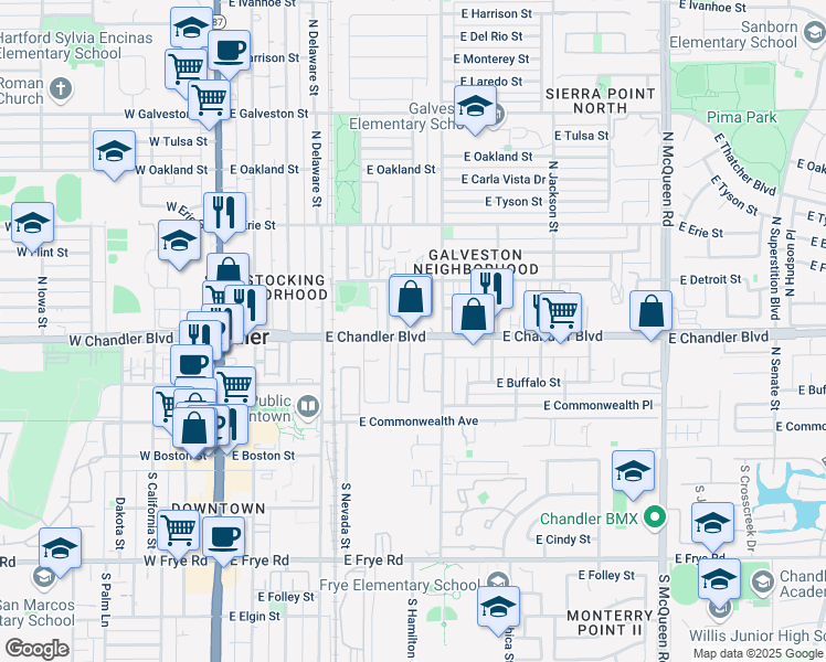 map of restaurants, bars, coffee shops, grocery stores, and more near 505 East Chandler Boulevard in Chandler