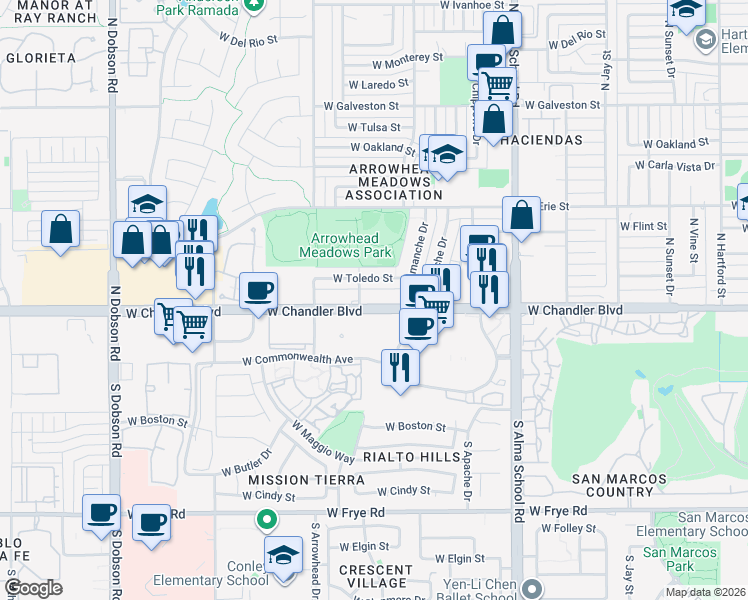 map of restaurants, bars, coffee shops, grocery stores, and more near 1311 West Chandler Boulevard in Chandler