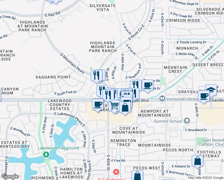map of restaurants, bars, coffee shops, grocery stores, and more near 15425 South 40th Place in Phoenix
