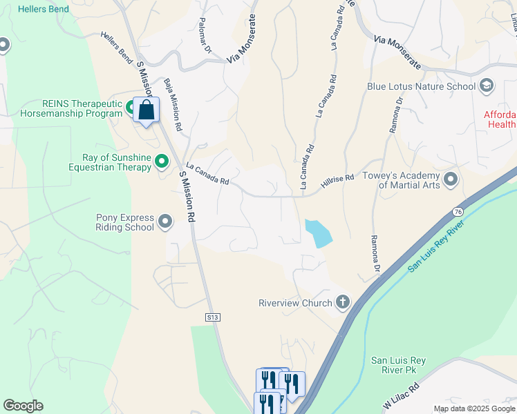 map of restaurants, bars, coffee shops, grocery stores, and more near 4514 La Canada Road in Fallbrook