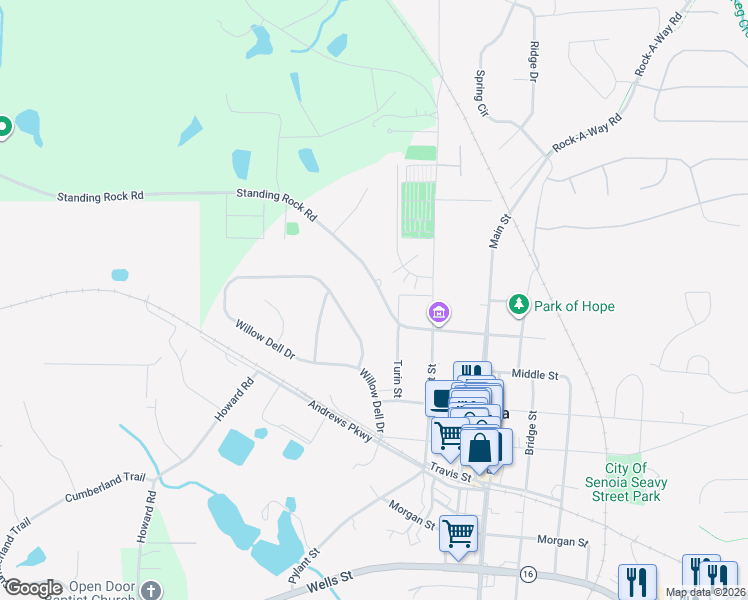map of restaurants, bars, coffee shops, grocery stores, and more near 44 Standing Rock Road in Senoia