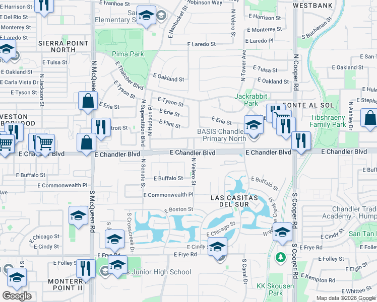 map of restaurants, bars, coffee shops, grocery stores, and more near 1114 East Chandler Boulevard in Chandler