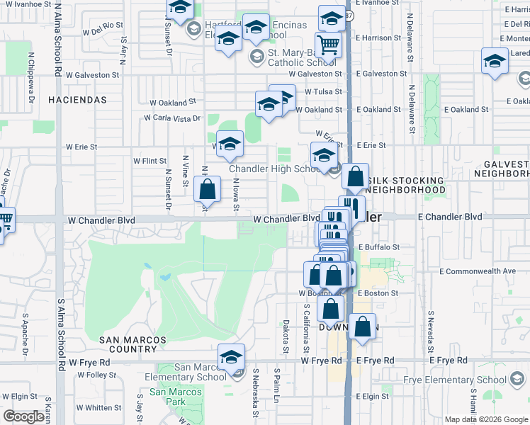 map of restaurants, bars, coffee shops, grocery stores, and more near 208 North Dakota Street in Chandler