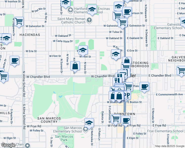 map of restaurants, bars, coffee shops, grocery stores, and more near 445 West Chandler Boulevard in Chandler