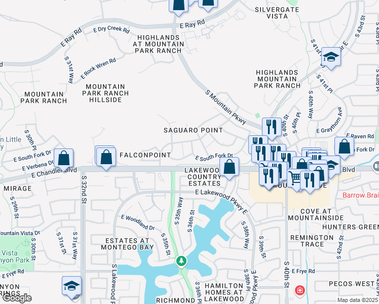 map of restaurants, bars, coffee shops, grocery stores, and more near 3711 East South Fork Drive in Phoenix
