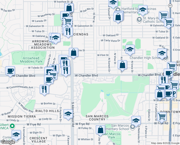 map of restaurants, bars, coffee shops, grocery stores, and more near 225 North Pleasant Drive in Chandler