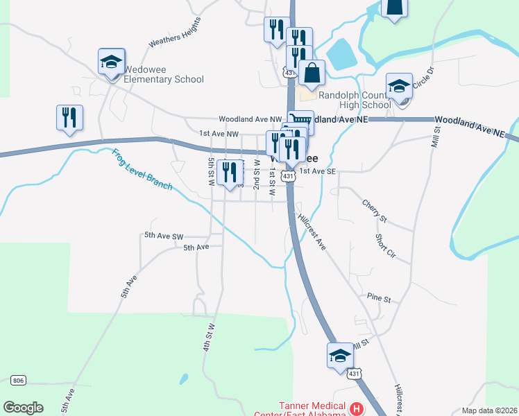 map of restaurants, bars, coffee shops, grocery stores, and more near 317 2nd Street West in Wedowee